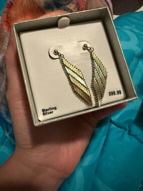 Sterling Silver Two-Tone Feather Drop Earrings - Gold & Silver